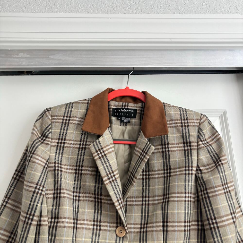Vintage Liz Claiborne Classic Wool Plaid Tweed Suede Collar Jacket 4 Academic - Picture 7 of 10